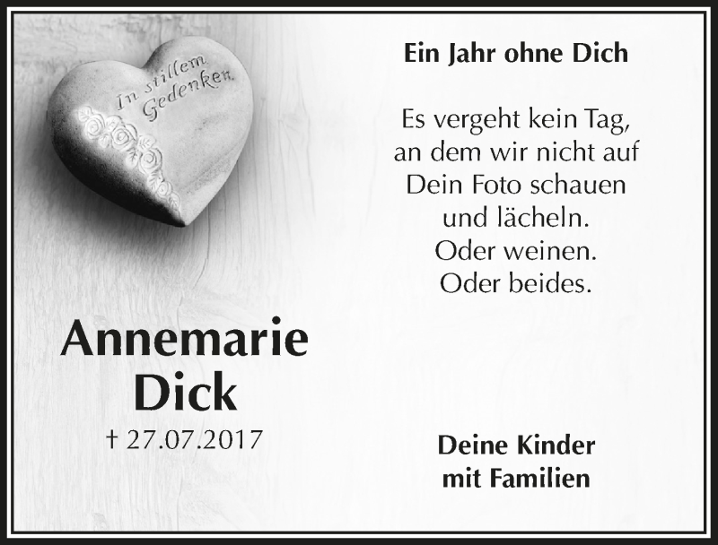  Traueranzeige für Annemarie Dick vom 25.07.2018 aus  Anzeigen Echo 