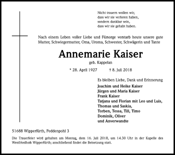 Anzeige von Annemarie Kaiser von RON