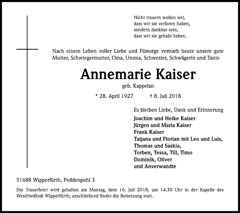  Traueranzeige für Annemarie Kaiser vom 11.07.2018 aus RON