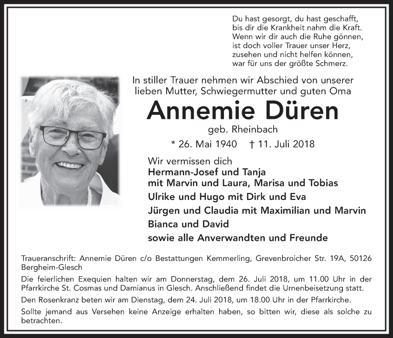  Traueranzeige für Annemie Düren vom 21.07.2018 aus  Sonntags-Post 