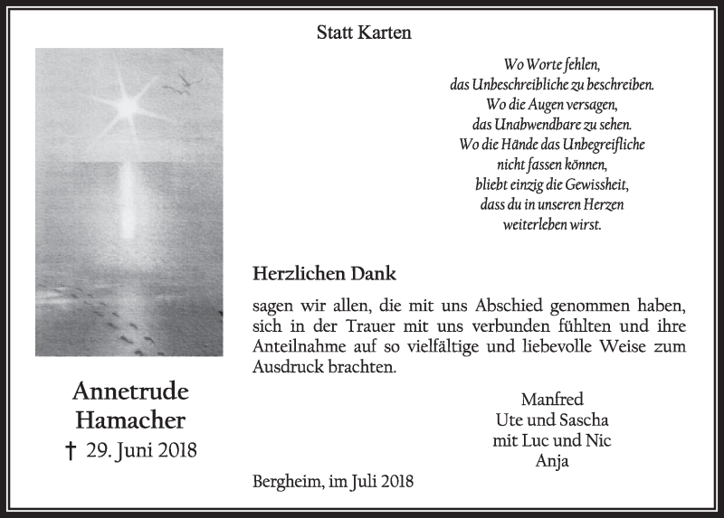 Traueranzeige für Annetrude Hamacher vom 21.07.2018 aus  Sonntags-Post 