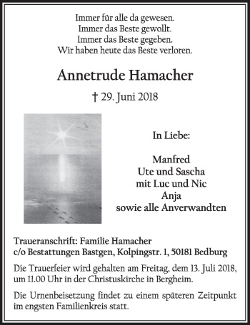 Anzeige von Annetrude Hamacher von  Sonntags-Post 