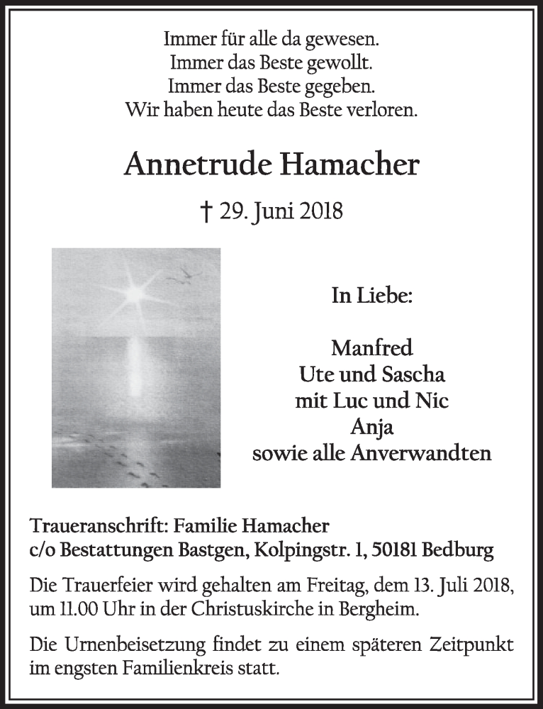  Traueranzeige für Annetrude Hamacher vom 07.07.2018 aus  Sonntags-Post 