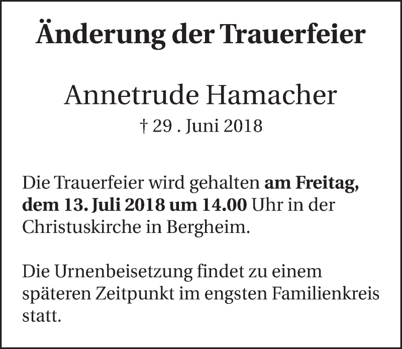  Traueranzeige für Annetrude Hamacher vom 11.07.2018 aus  Werbepost 