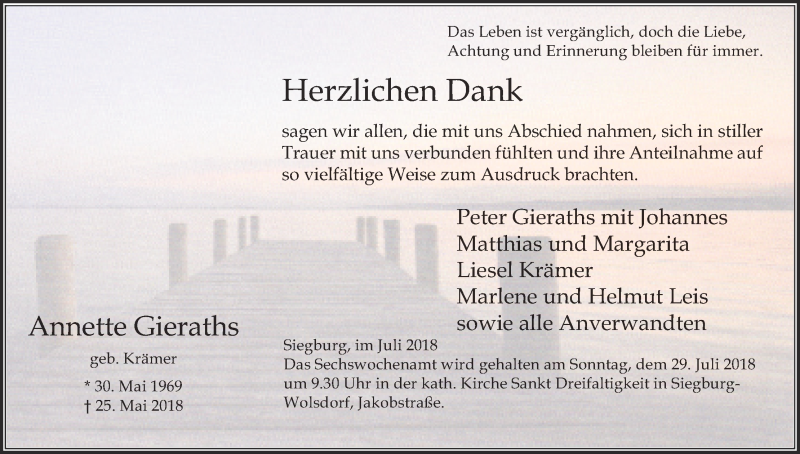  Traueranzeige für Annette Gieraths vom 21.07.2018 aus HS