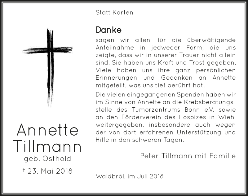 Traueranzeige für Annette Tillmann vom 25.07.2018 aus  Lokalanzeiger 