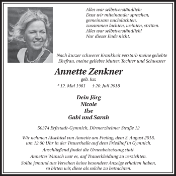 Anzeige von Annette Zenkner von  Sonntags-Post 