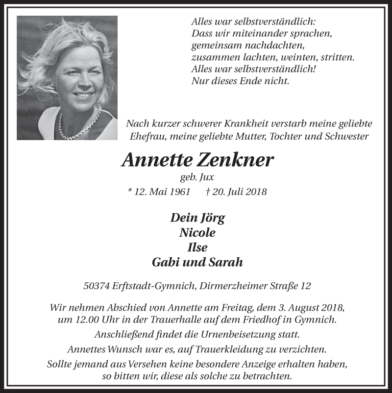  Traueranzeige für Annette Zenkner vom 28.07.2018 aus  Sonntags-Post 