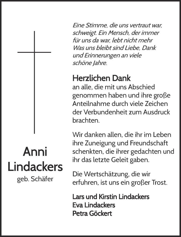  Traueranzeige für Anni Lindackers vom 11.07.2018 aus  Kölner Wochenspiegel 