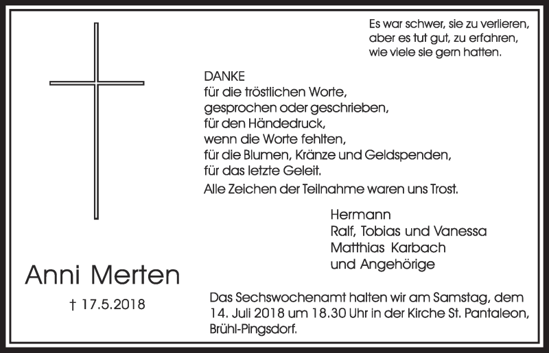  Traueranzeige für Anni Merten vom 04.07.2018 aus  Schlossbote/Werbekurier 
