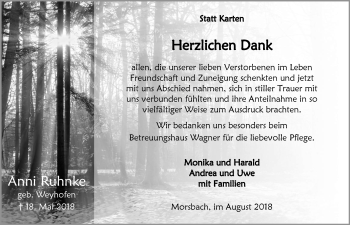 Anzeige von Anni Ruhnke von  Lokalanzeiger 