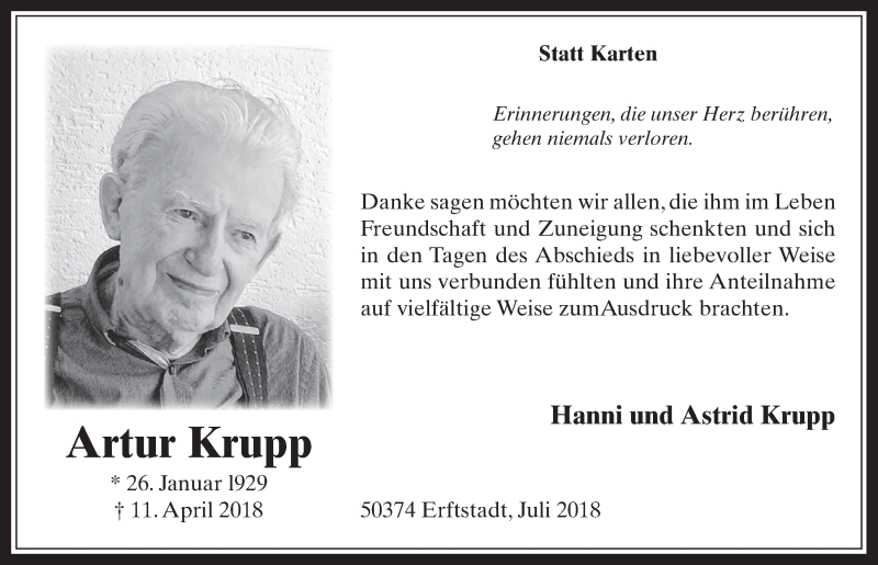 Traueranzeige für Artur Krupp vom 18.07.2018 aus  Werbepost 