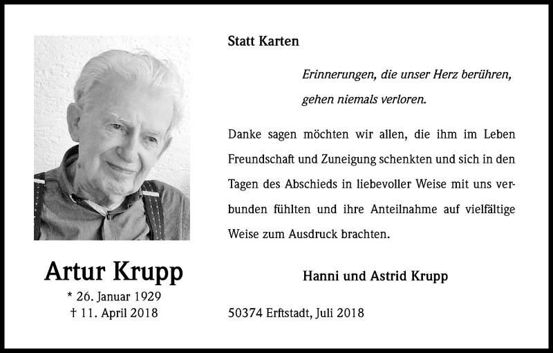  Traueranzeige für Artur Krupp vom 21.07.2018 aus KL