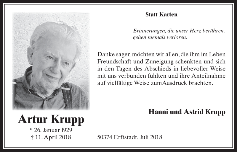  Traueranzeige für Artur Krupp vom 25.07.2018 aus  Werbepost 