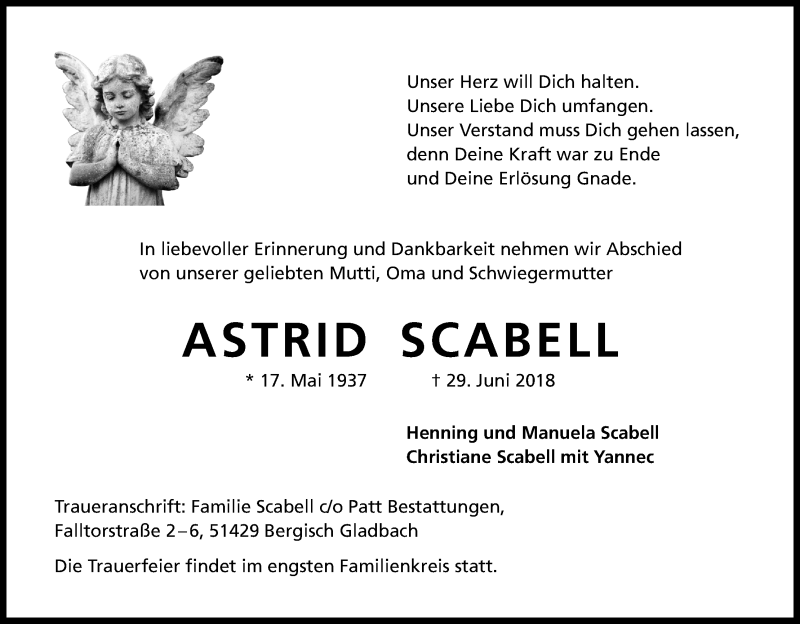  Traueranzeige für Astrid Scabell vom 14.07.2018 aus RB