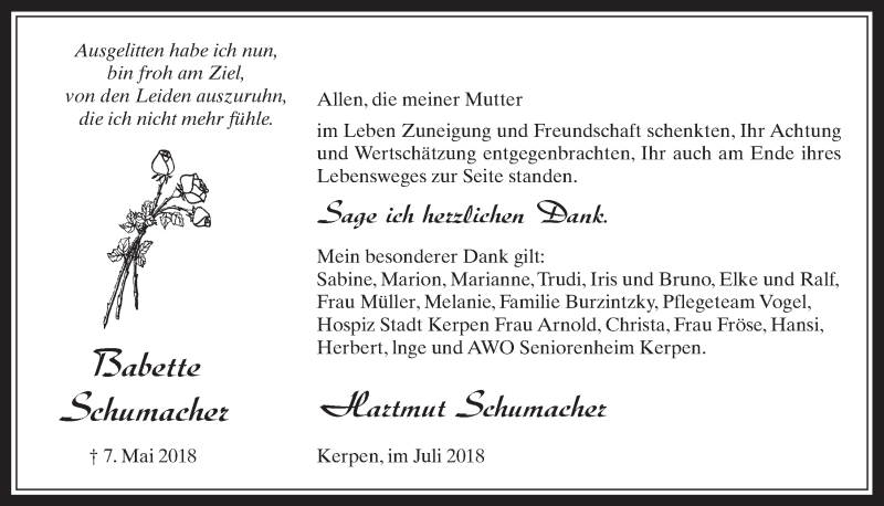  Traueranzeige für Babette Schumacher vom 18.07.2018 aus  Werbepost 