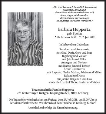 Anzeige von Barbara Huppertz von  Sonntags-Post 