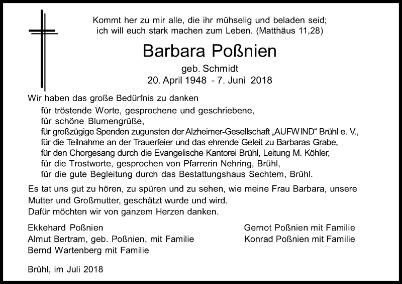  Traueranzeige für Barbara Poßnien vom 25.07.2018 aus KL