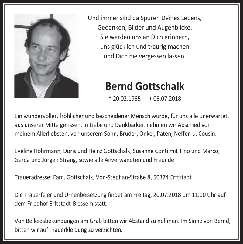  Traueranzeige für Bernd Gottschalk vom 18.07.2018 aus  Werbepost 