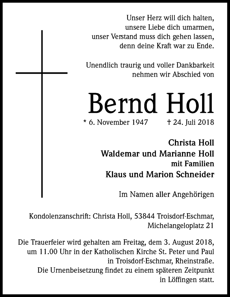  Traueranzeige für Bernd Holl vom 01.08.2018 aus Kölner Stadt-Anzeiger / Kölnische Rundschau / Express