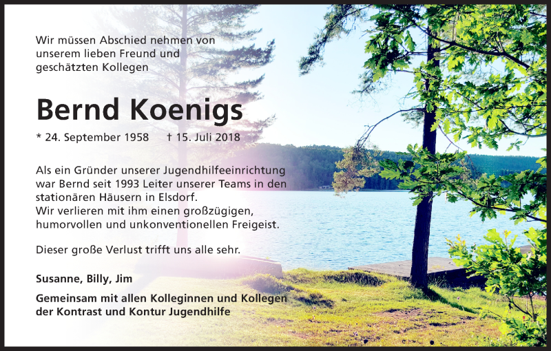  Traueranzeige für Bernd Koenigs vom 21.07.2018 aus BG