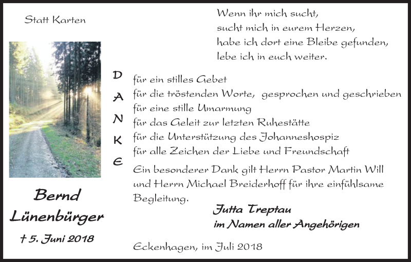  Traueranzeige für Bernd Lünenbürger vom 14.07.2018 aus OB