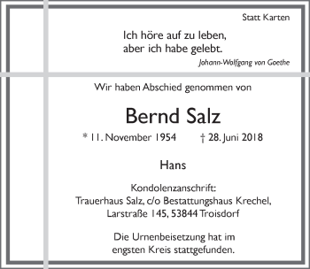 Anzeige von Bernd Salz von  Rhein-Sieg-Wochenende 