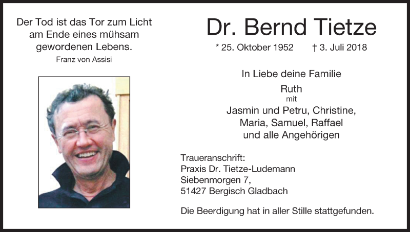  Traueranzeige für Bernd Tietze vom 21.07.2018 aus GS