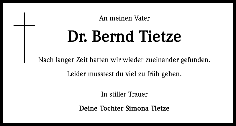  Traueranzeige für Bernd Tietze vom 28.07.2018 aus RB
