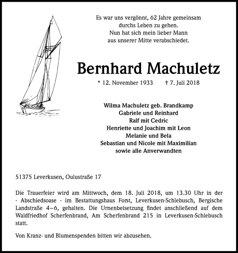  Traueranzeige für Bernhard Machuletz vom 14.07.2018 aus SLE