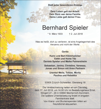 Anzeige von Bernhard Spieler von  Blickpunkt Euskirchen 