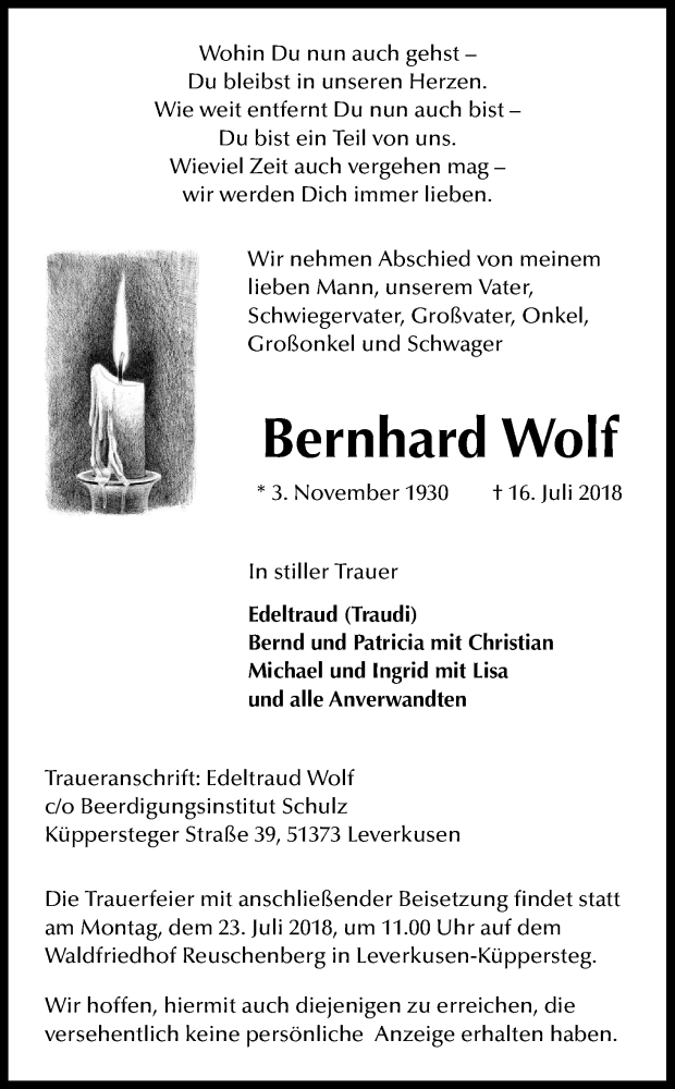  Traueranzeige für Bernhard Wolf vom 19.07.2018 aus SLE