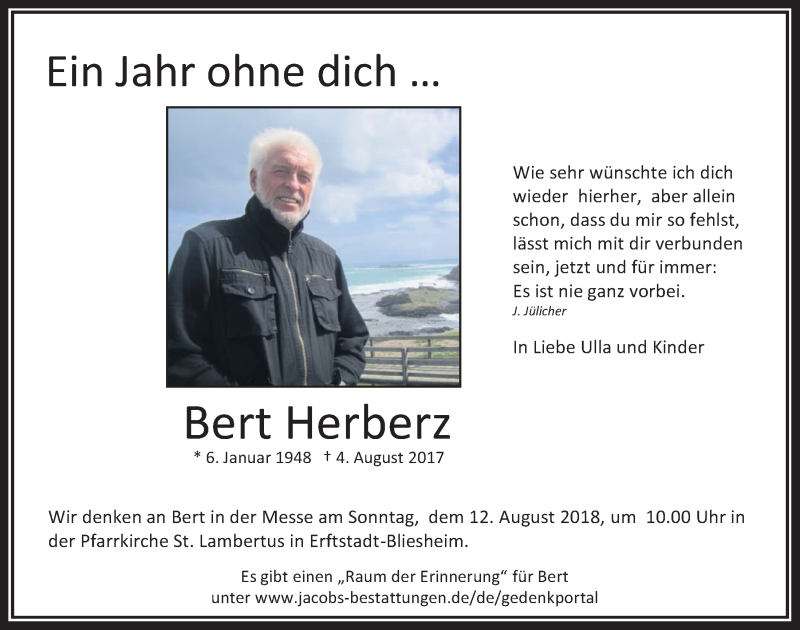  Traueranzeige für Bert Herberz vom 01.08.2018 aus  Werbepost 