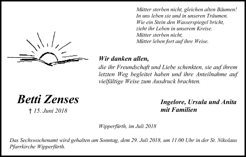  Traueranzeige für Betti Zenses vom 21.07.2018 aus RON