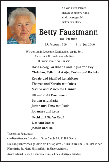 Anzeige von Betty Faustmann von RB