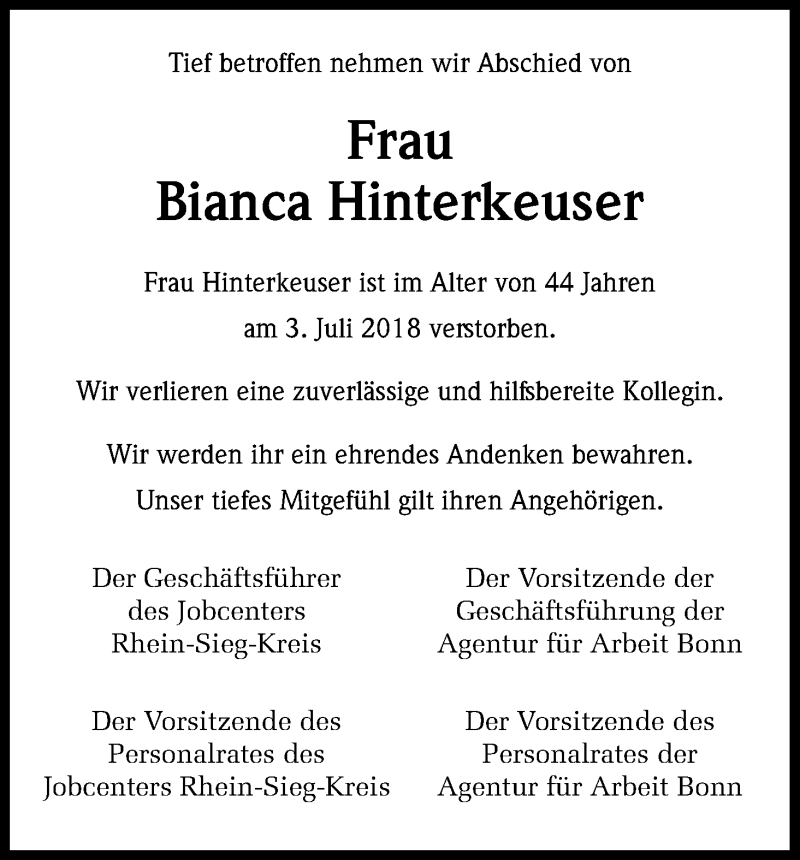  Traueranzeige für Bianca Hinterkeuser vom 21.07.2018 aus HS