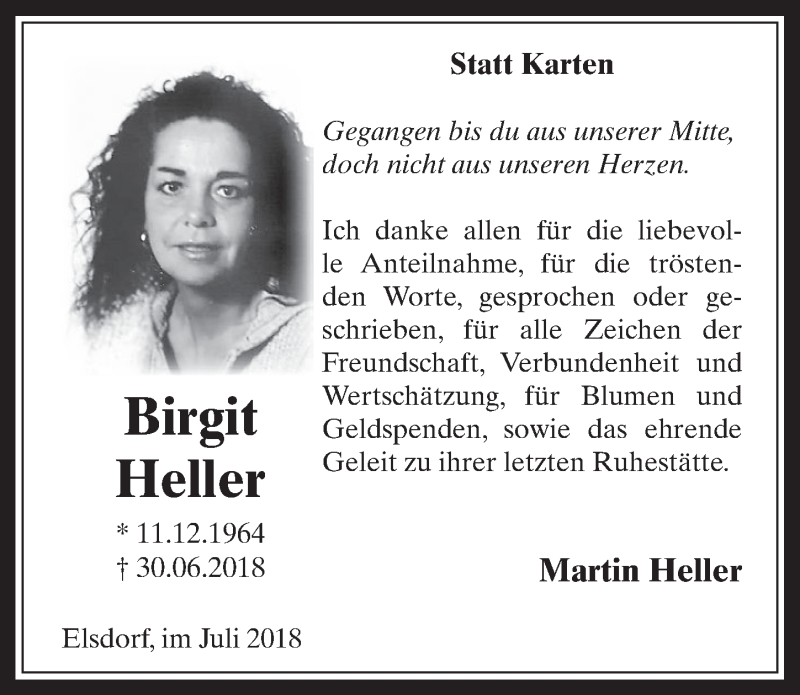  Traueranzeige für Birgit Heller vom 01.08.2018 aus  Werbepost 
