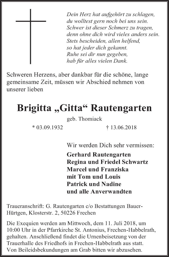  Traueranzeige für Brigitta Rautengarten vom 04.07.2018 aus  Wochenende 