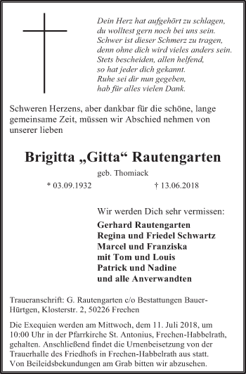 Anzeige von Brigitta Rautengarten von  Wochenende 