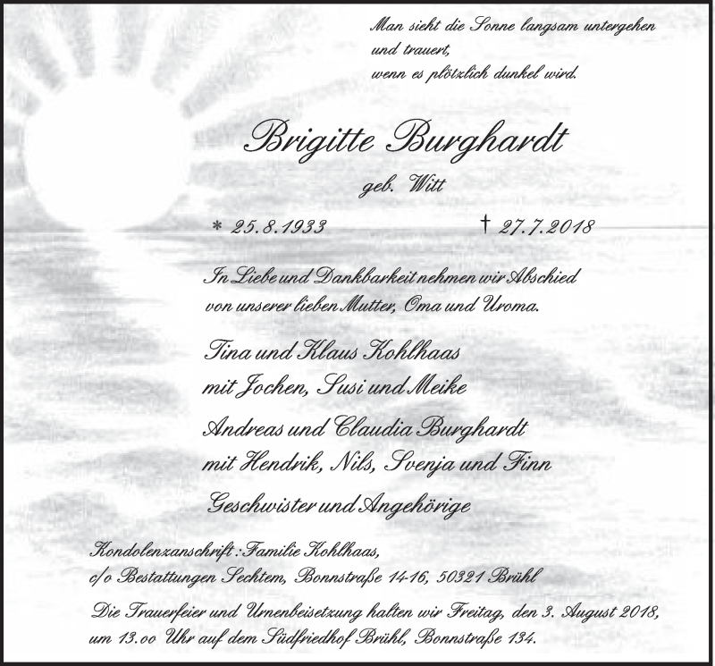  Traueranzeige für Brigitte Burghardt vom 01.08.2018 aus  Schlossbote/Werbekurier 