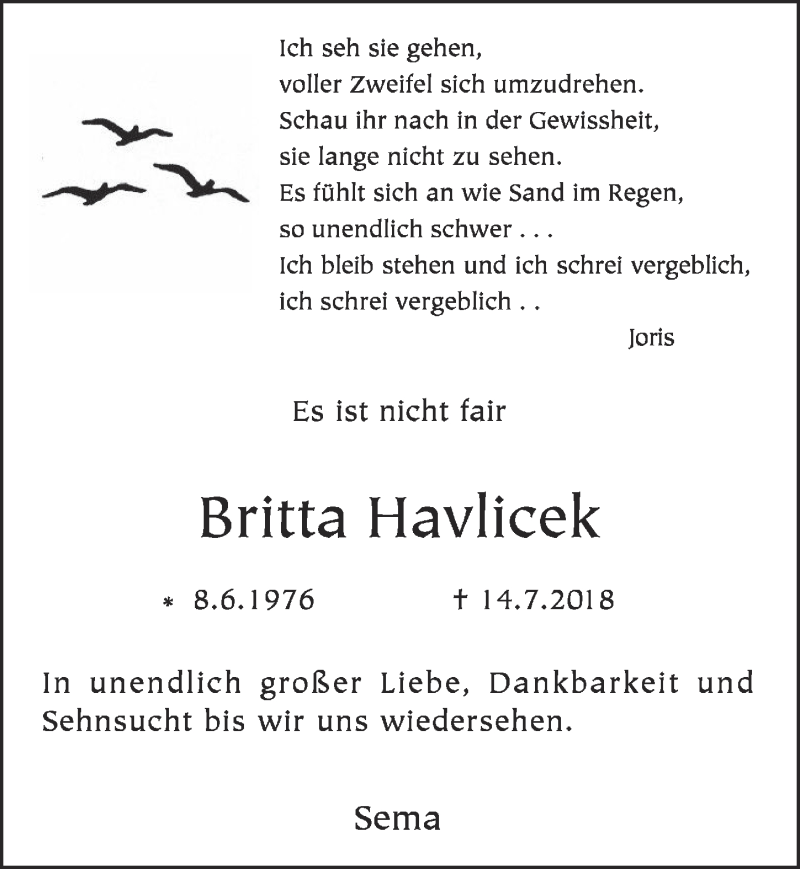  Traueranzeige für Britta Havlicek vom 25.07.2018 aus  Schlossbote/Werbekurier 