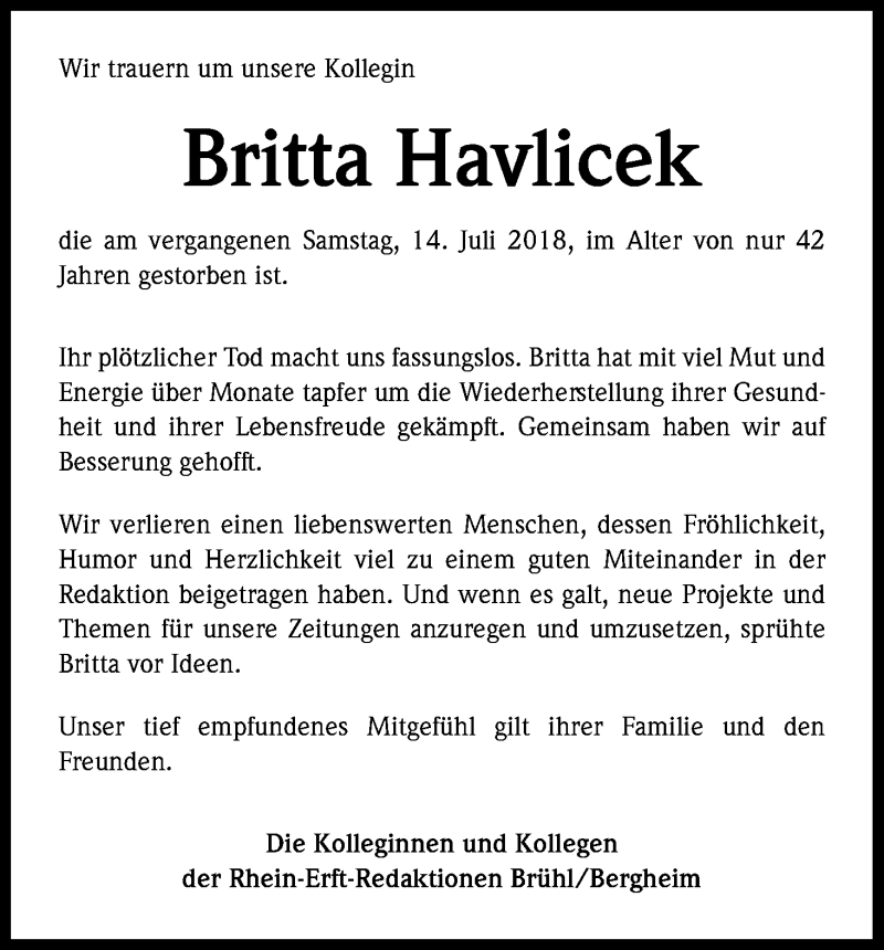  Traueranzeige für Britta Havlicek vom 21.07.2018 aus BG