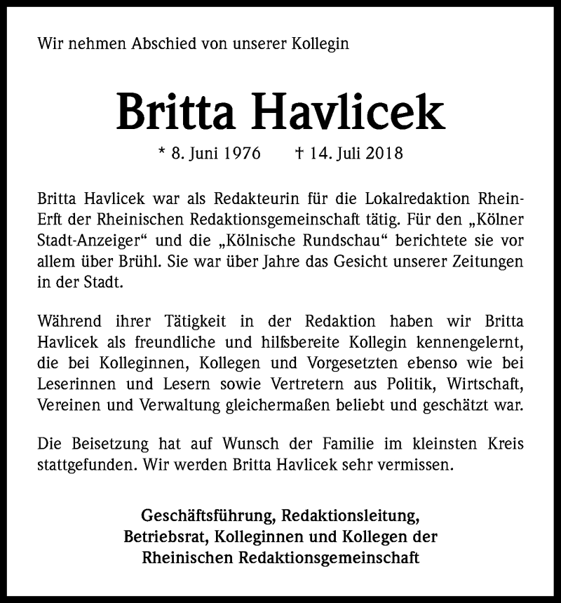 Traueranzeige für Britta Havlicek vom 21.07.2018 aus BG