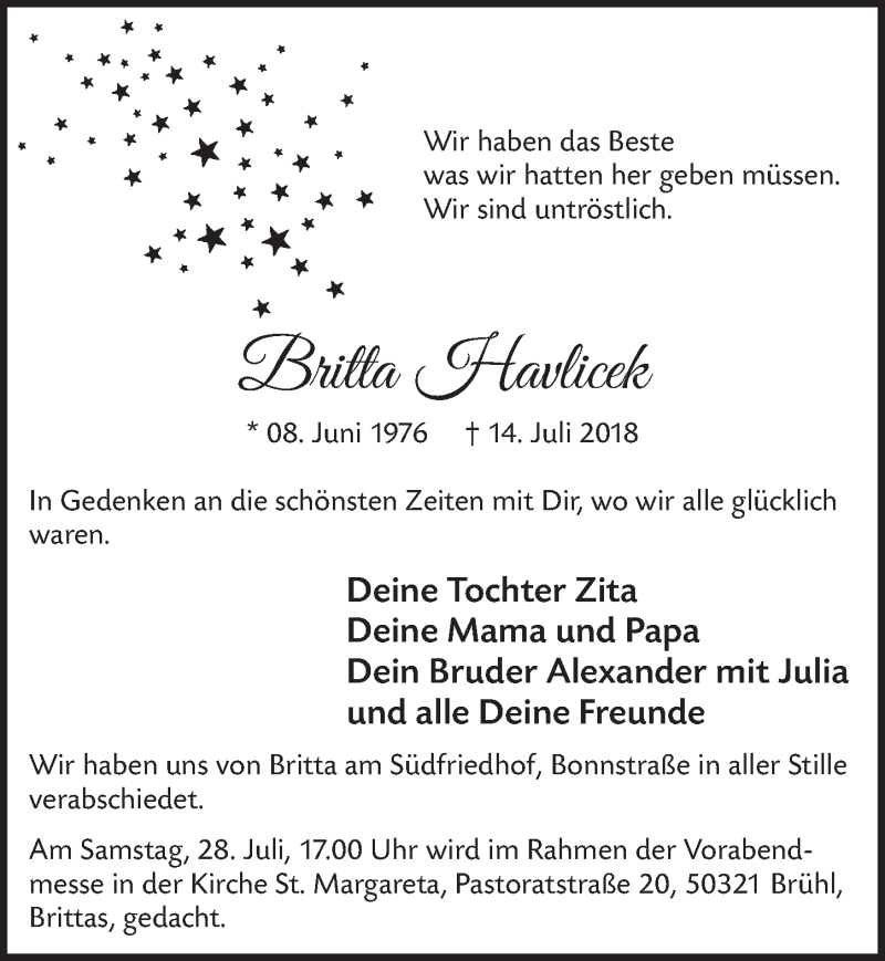  Traueranzeige für Britta Havlicek vom 25.07.2018 aus  Schlossbote/Werbekurier 