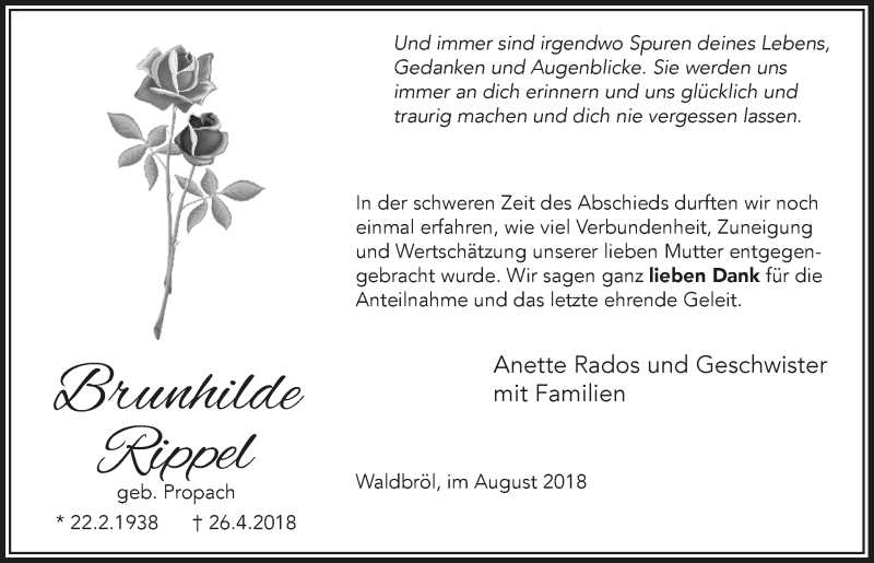  Traueranzeige für Brunhilde Rippel vom 01.08.2018 aus  Lokalanzeiger 