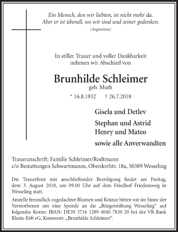 Anzeige von Brunhilde Schleimer von  Schlossbote/Werbekurier 