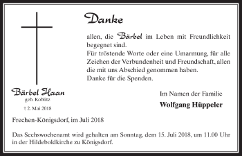 Anzeige von Bärbel Haan von  Wochenende 
