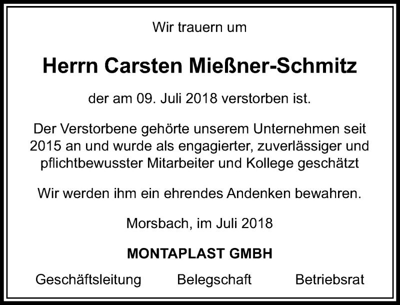  Traueranzeige für Carsten Mießner-Schmitz vom 18.07.2018 aus OB