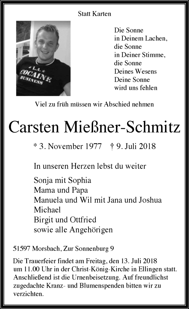  Traueranzeige für Carsten Mießner-Schmitz vom 11.07.2018 aus  Lokalanzeiger 