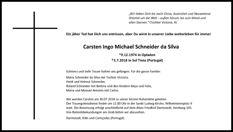  Traueranzeige für Carsten Ingo Michael Schneider da Silva vom 28.07.2018 aus GS